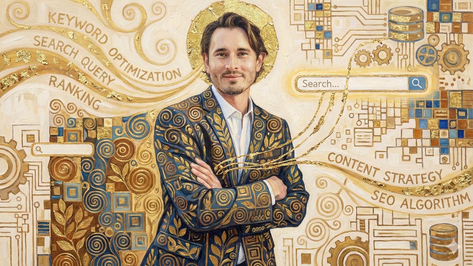 Symbolism-style oil painting showing figure surrounded by floating keyword elements and golden search query threads representing SEO keyword strategy