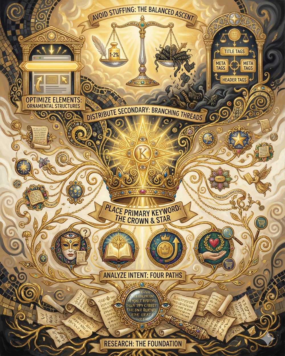 Vertical Symbolism-style oil painting illustrating 6-step keyword optimization process as ascending allegorical journey