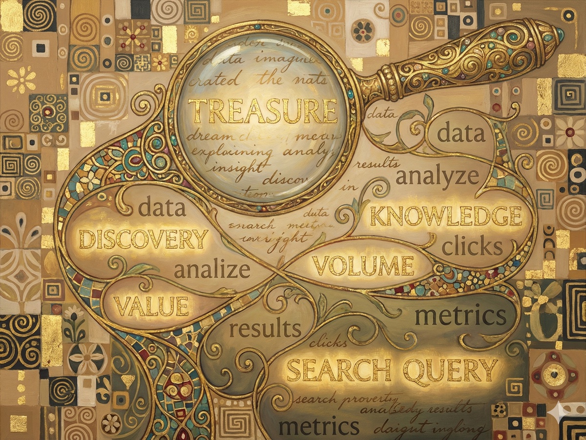 Gustav Klimt-inspired oil painting depicting keyword research as allegorical treasure hunt with golden magnifying glass over floating search terms