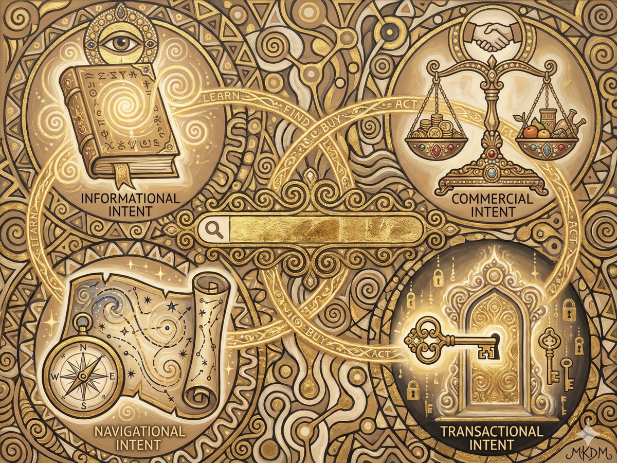 Symbolism-style oil painting showing four search intent types as allegorical icons connected by golden ornamental threads