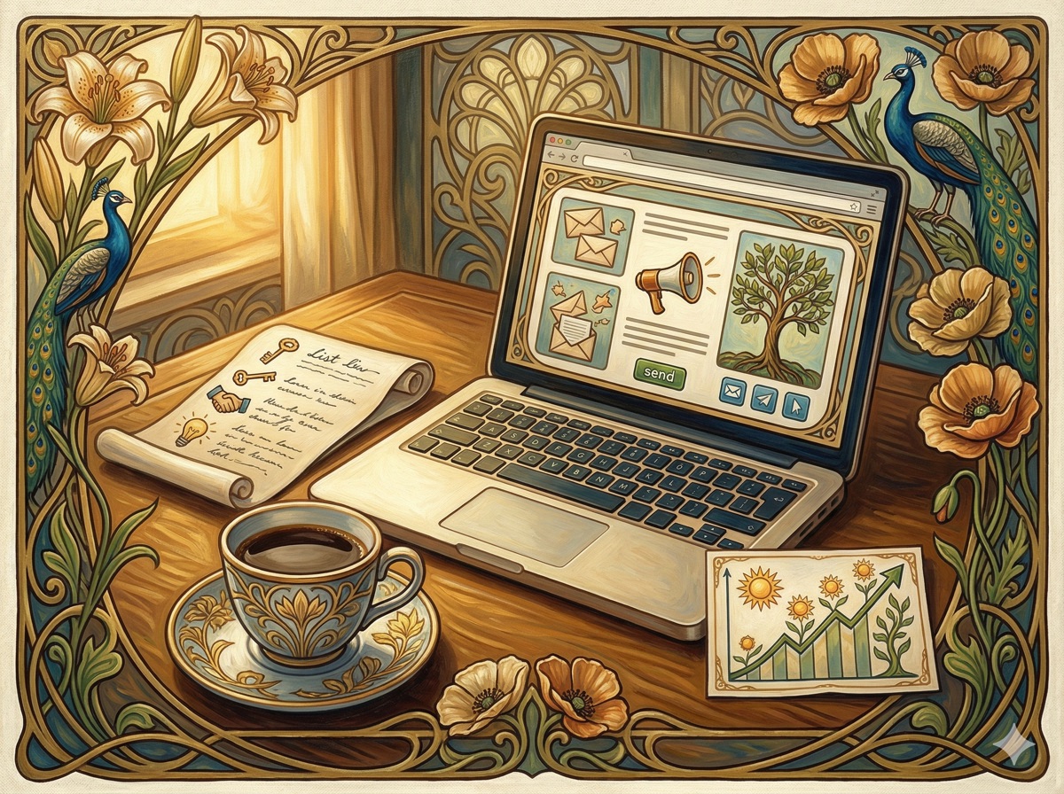of an open laptop displaying email marketing campaign with engagement metrics and subscriber