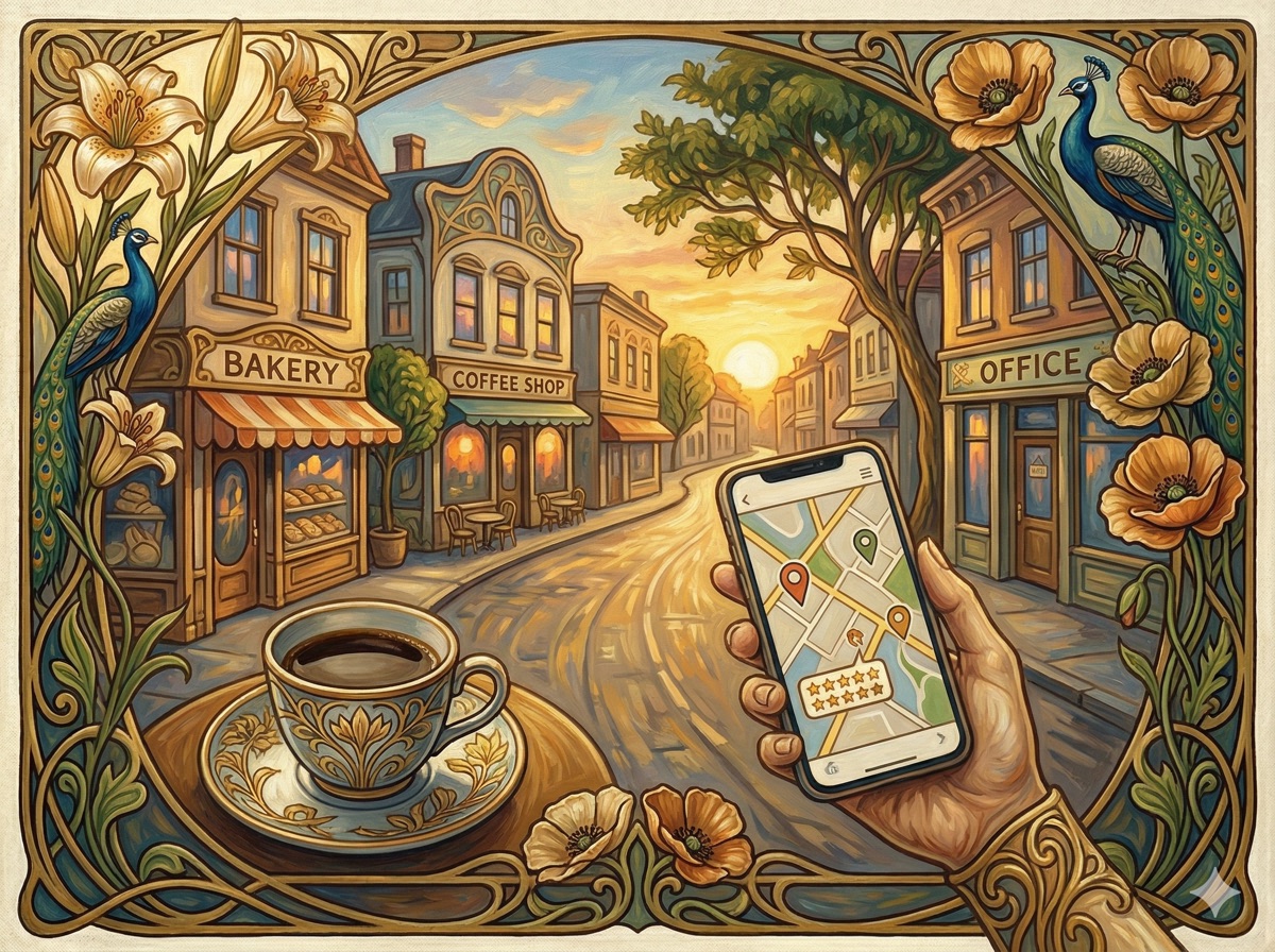 of a smartphone showing Google Business Profile with a local storefront and golden sunset