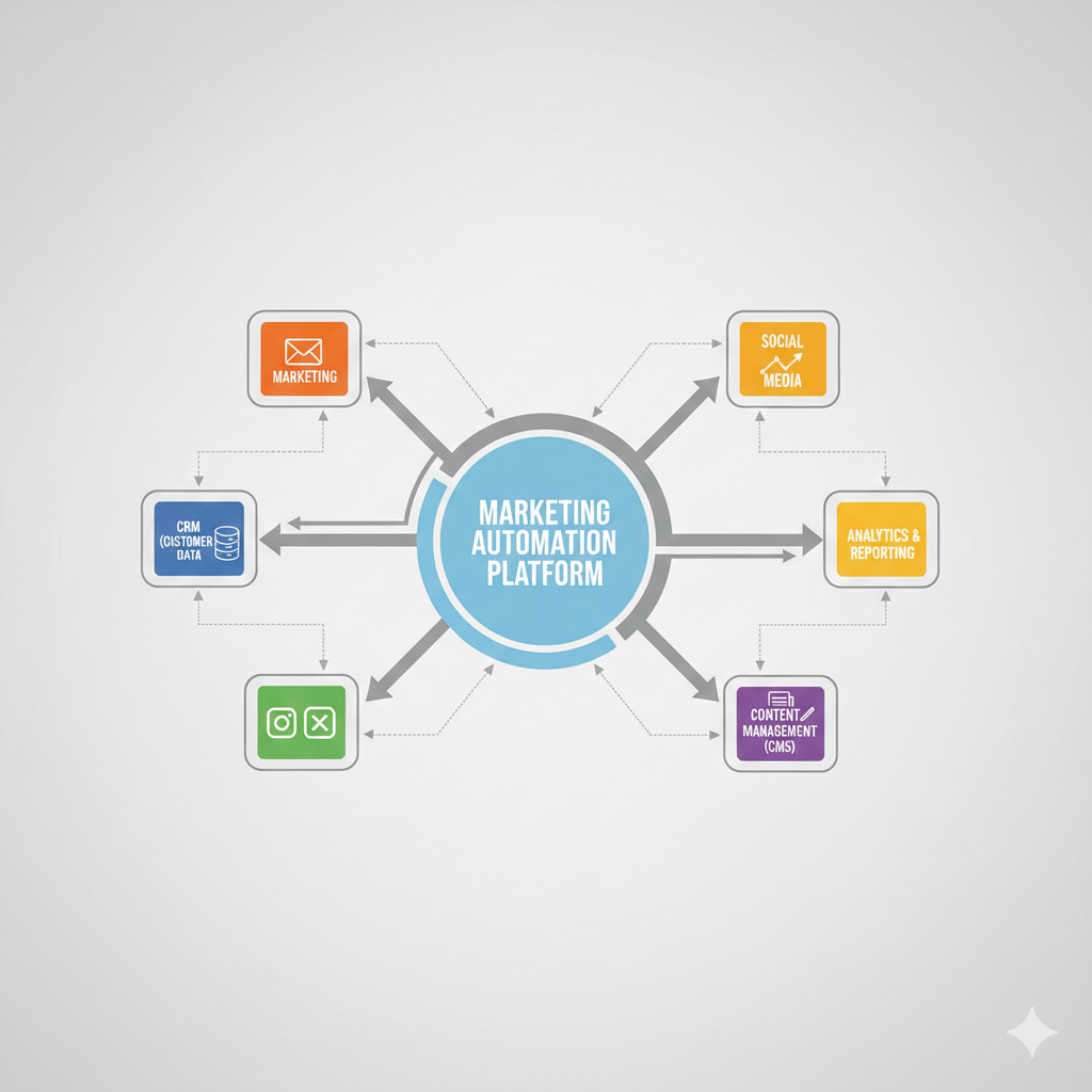 Marketing automation platform ecosystem showing HubSpot, ActiveCampaign, Marketo, Salesforce