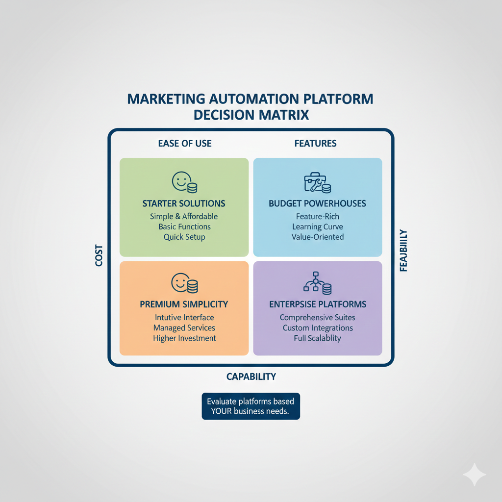 Decision matrix showing three pathways for startups, SMBs, and enterprises with recommended