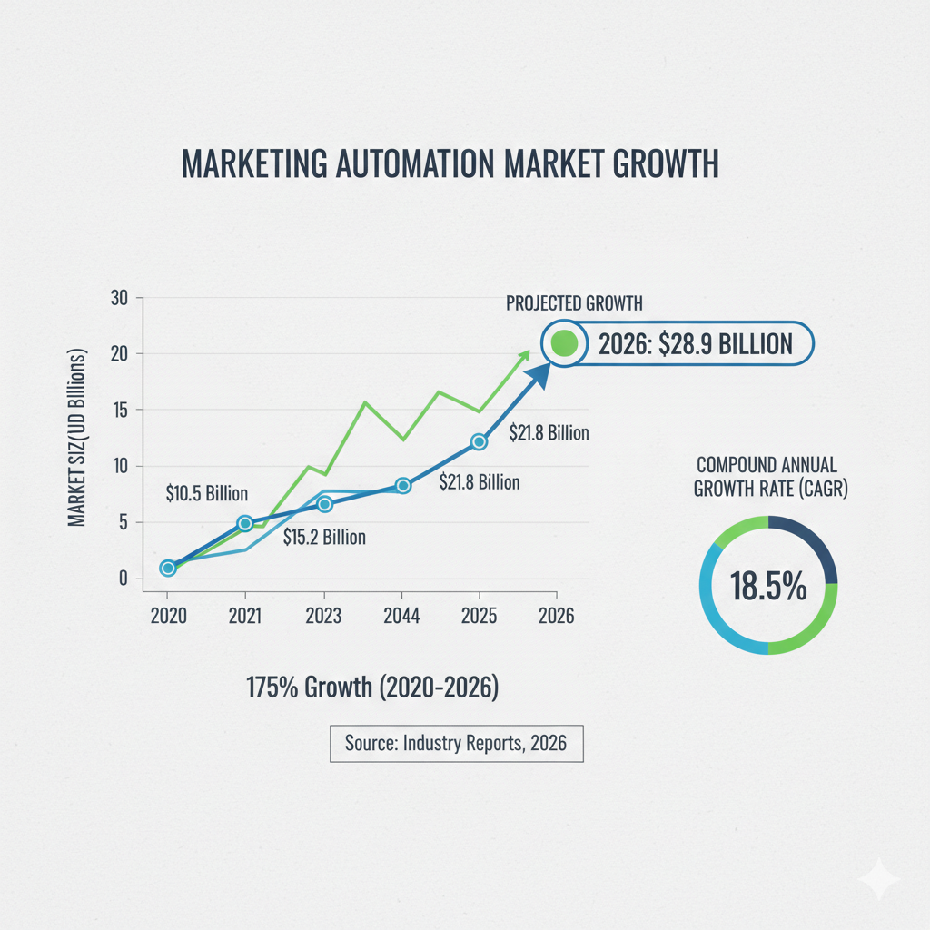 Market growth visualization showing marketing automation market expanding from $47.02B in 2025