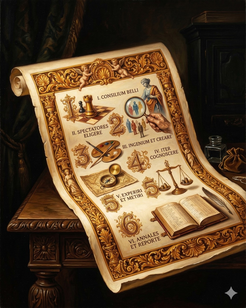An ornate scroll with six numbered steps representing agency services including campaign