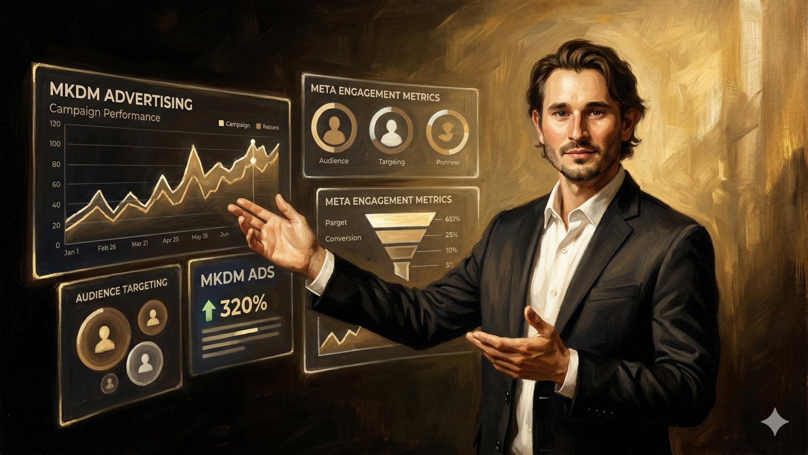 Oil painting in Baroque style depicting a figure gesturing toward luminous social media advertising dashboards with dramatic chiaroscuro lighting