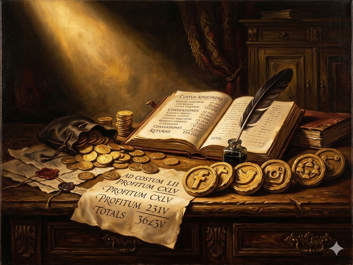 Marketing tools with golden coins, an open ledger showing campaign metrics, and social media