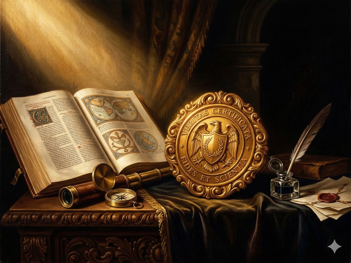 A golden seal of certification surrounded by symbols of expertise including an open book