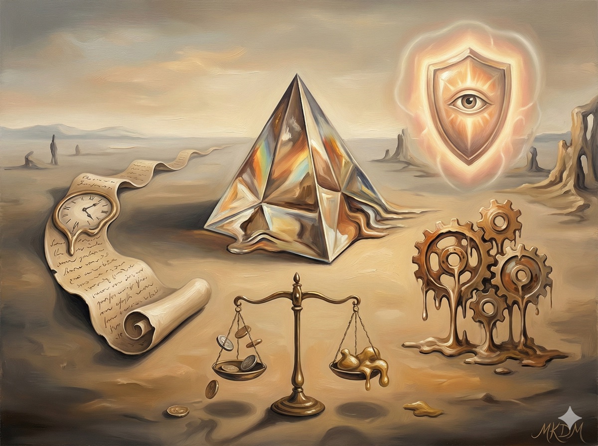 Surrealist painting depicting five floating symbolic objects representing AI platform evaluation criteria