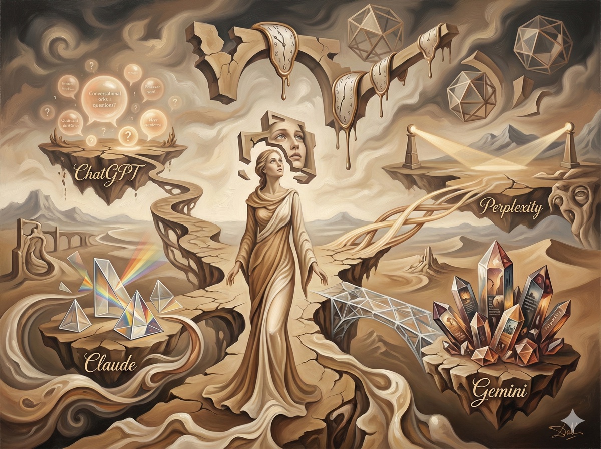 Surrealist crossroads scene with multiple paths leading to different AI platform ecosystem worlds