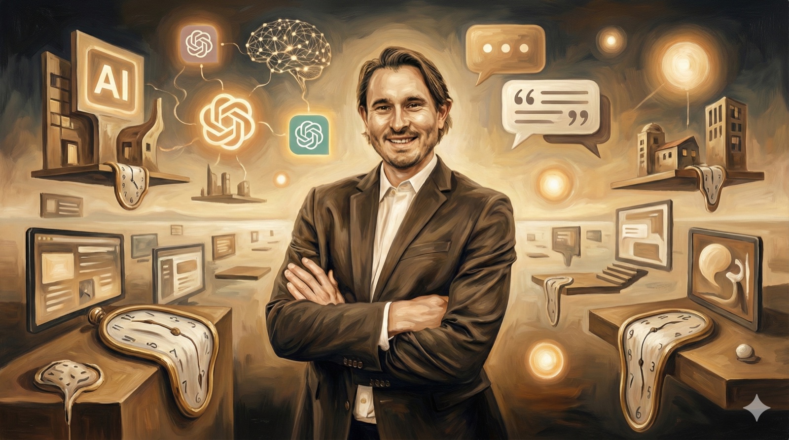 Surrealist artwork showing a figure navigating a dreamscape of floating AI platform symbols and neural networks