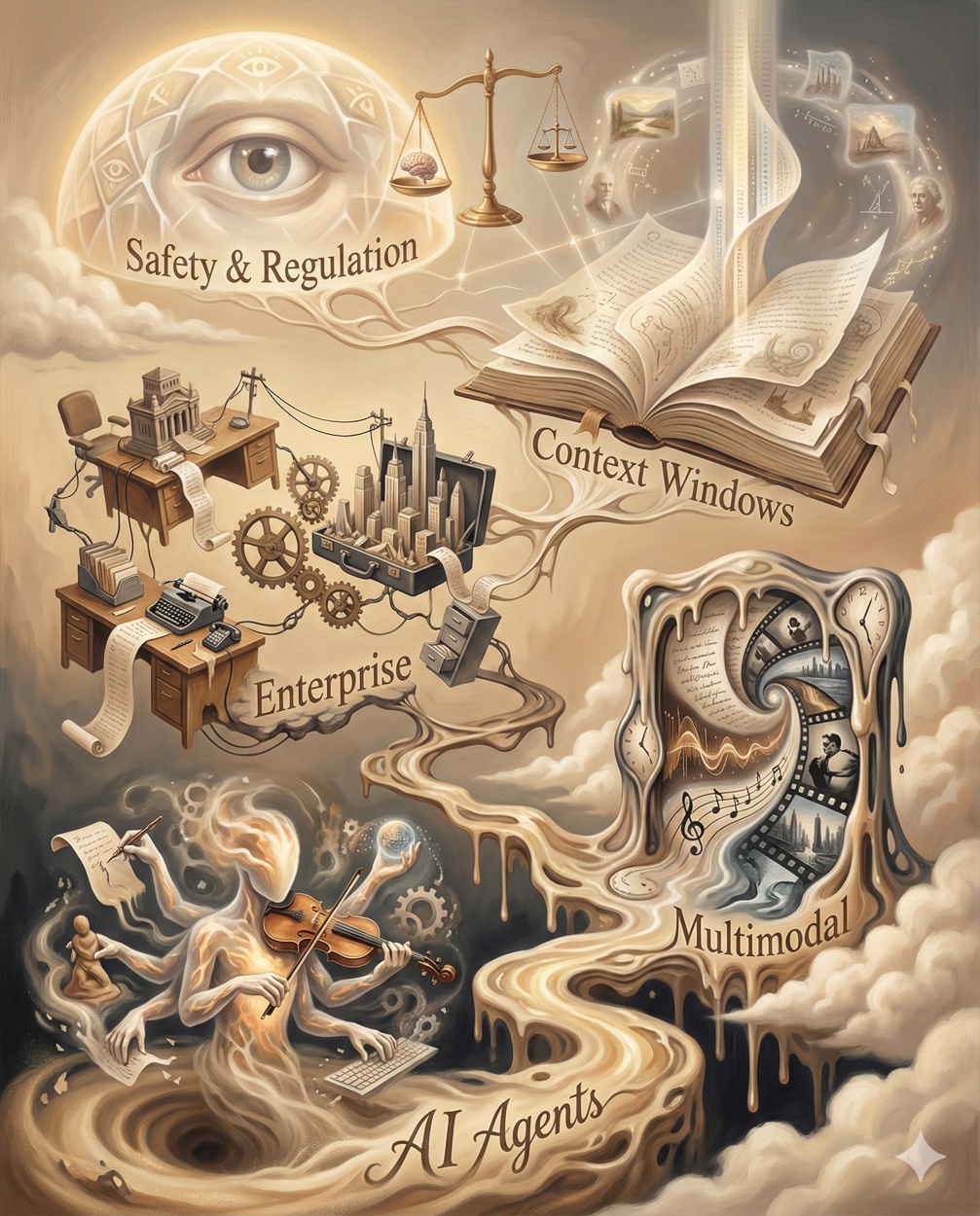 Vertical Surrealist infographic showing five AI platform trends for 2026 as ascending dreamscape elements