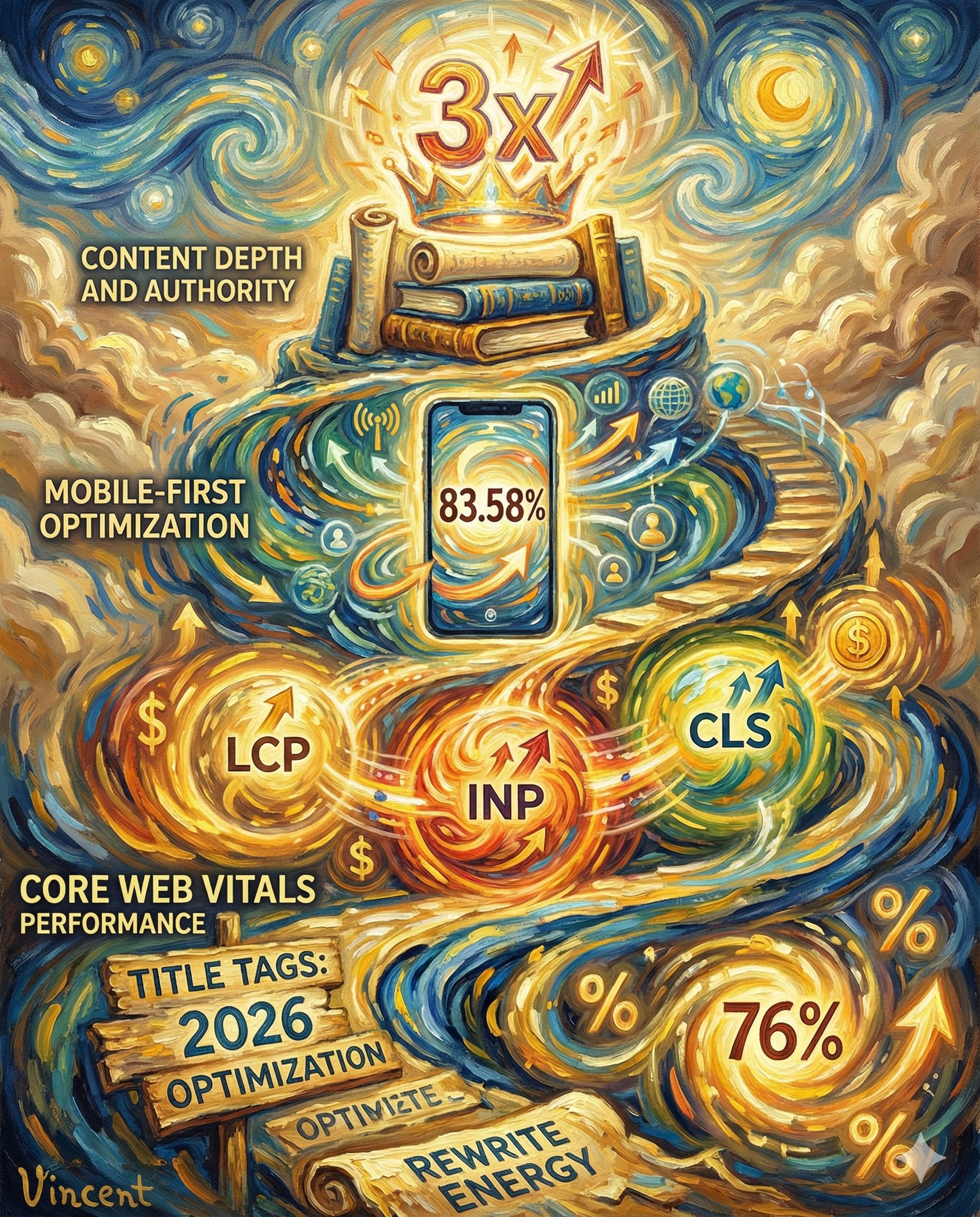 Four-tier on-site SEO strategy for 2026 showing title optimization Core Web Vitals mobile-first and content depth as ascending pathway