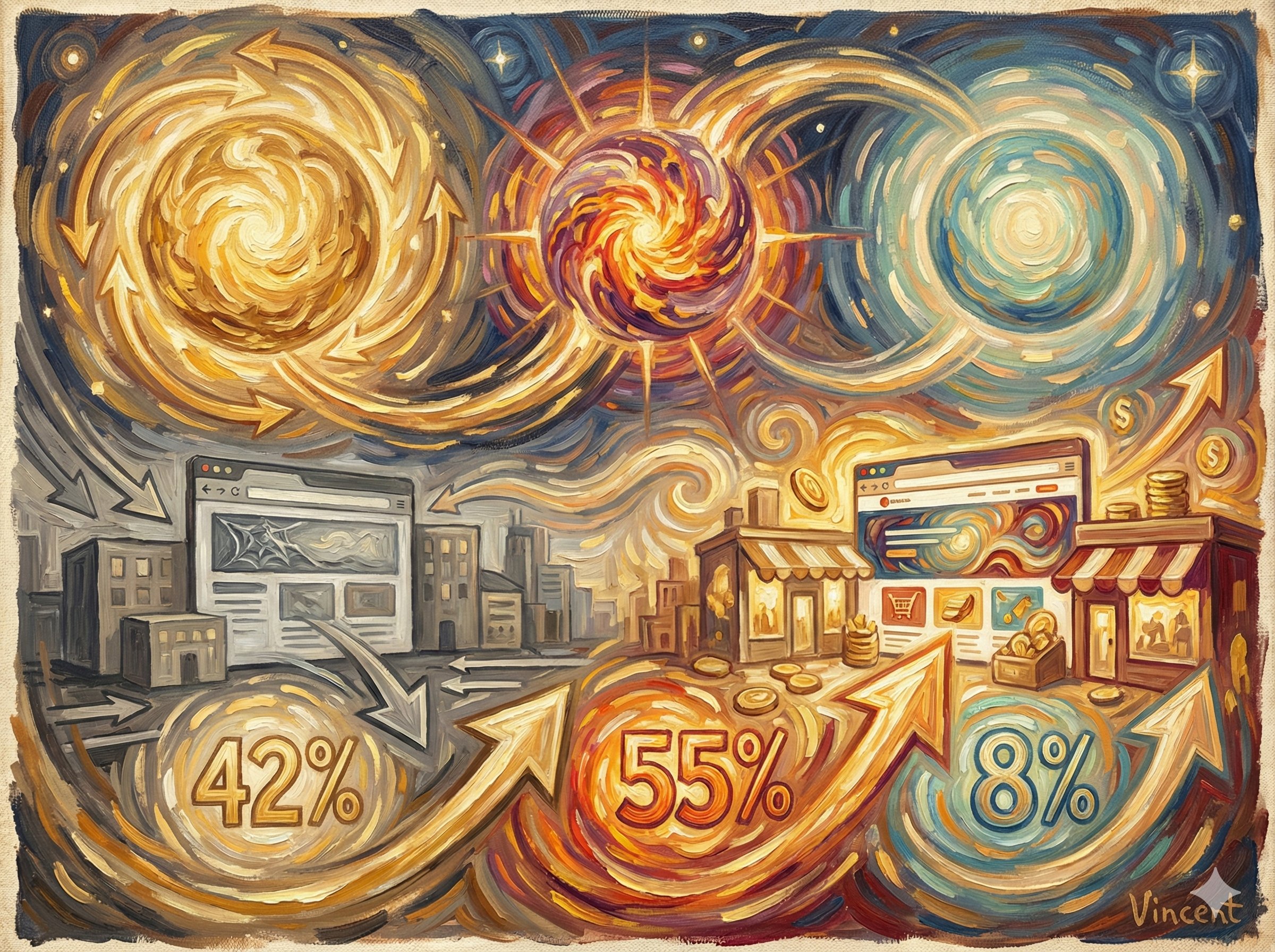 Core Web Vitals as three celestial orbs representing LCP INP and CLS performance metrics with revenue growth visualization