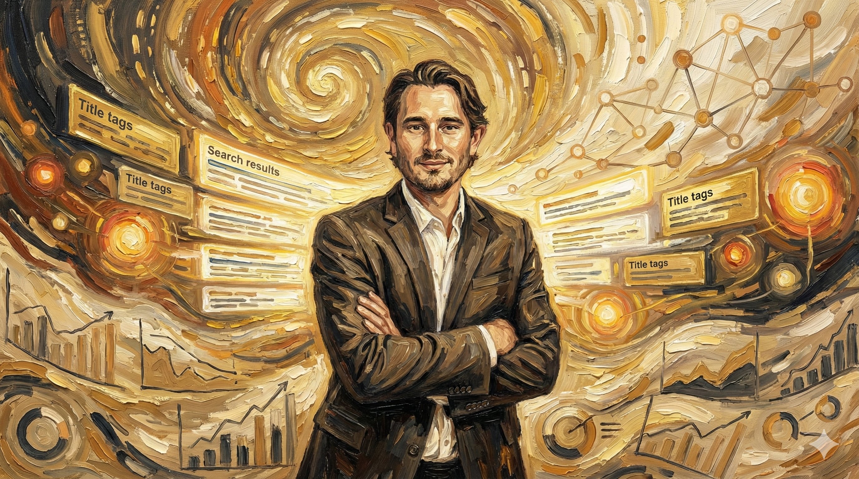 Matt Kundo analyzing on-site SEO data with swirling search metrics and Core Web Vitals visualization in Van Gogh Post-Impressionism style