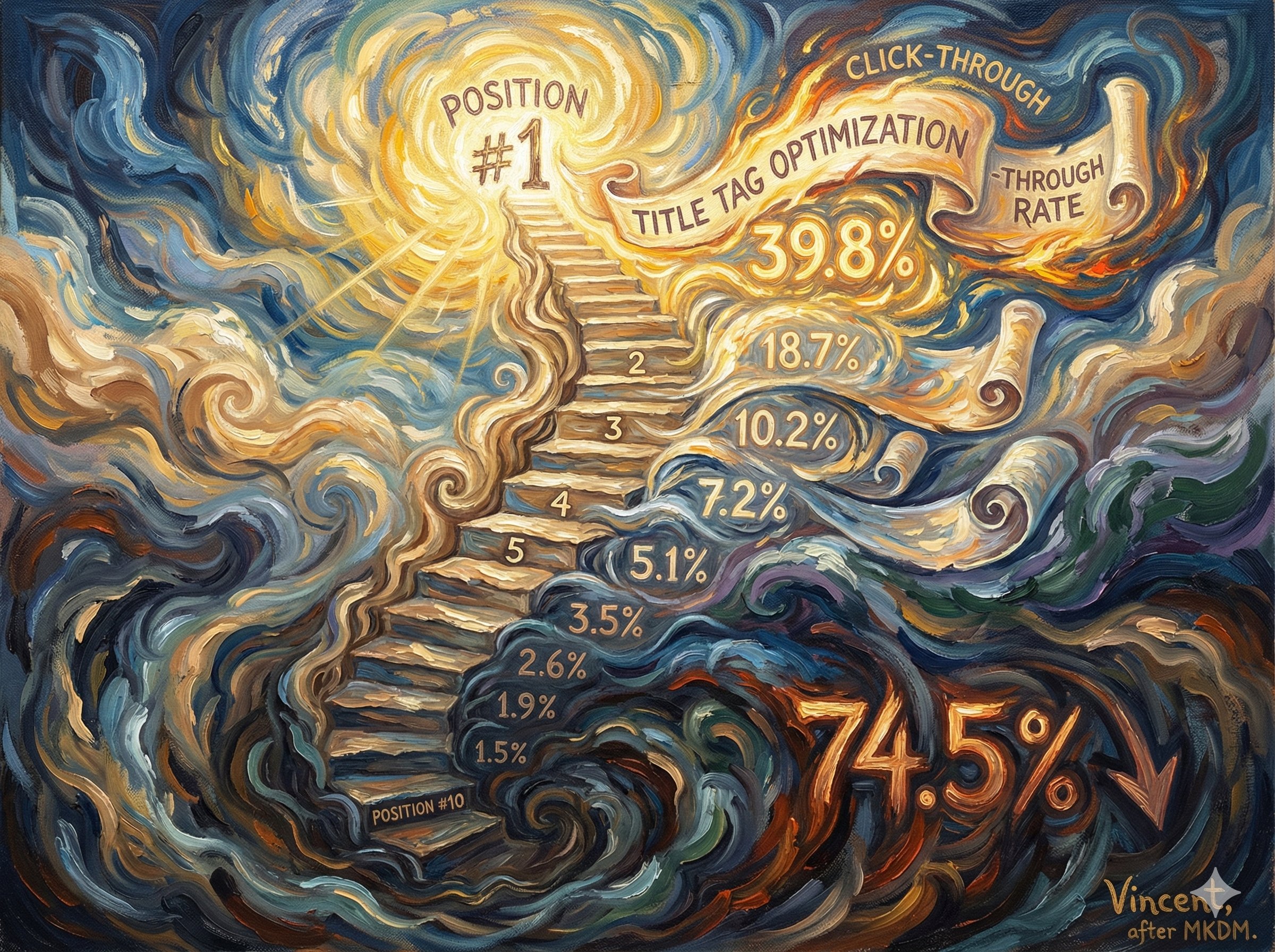 Search engine rankings ladder showing 39.8% CTR for position one with title tag optimization in Post-Impressionism oil painting style