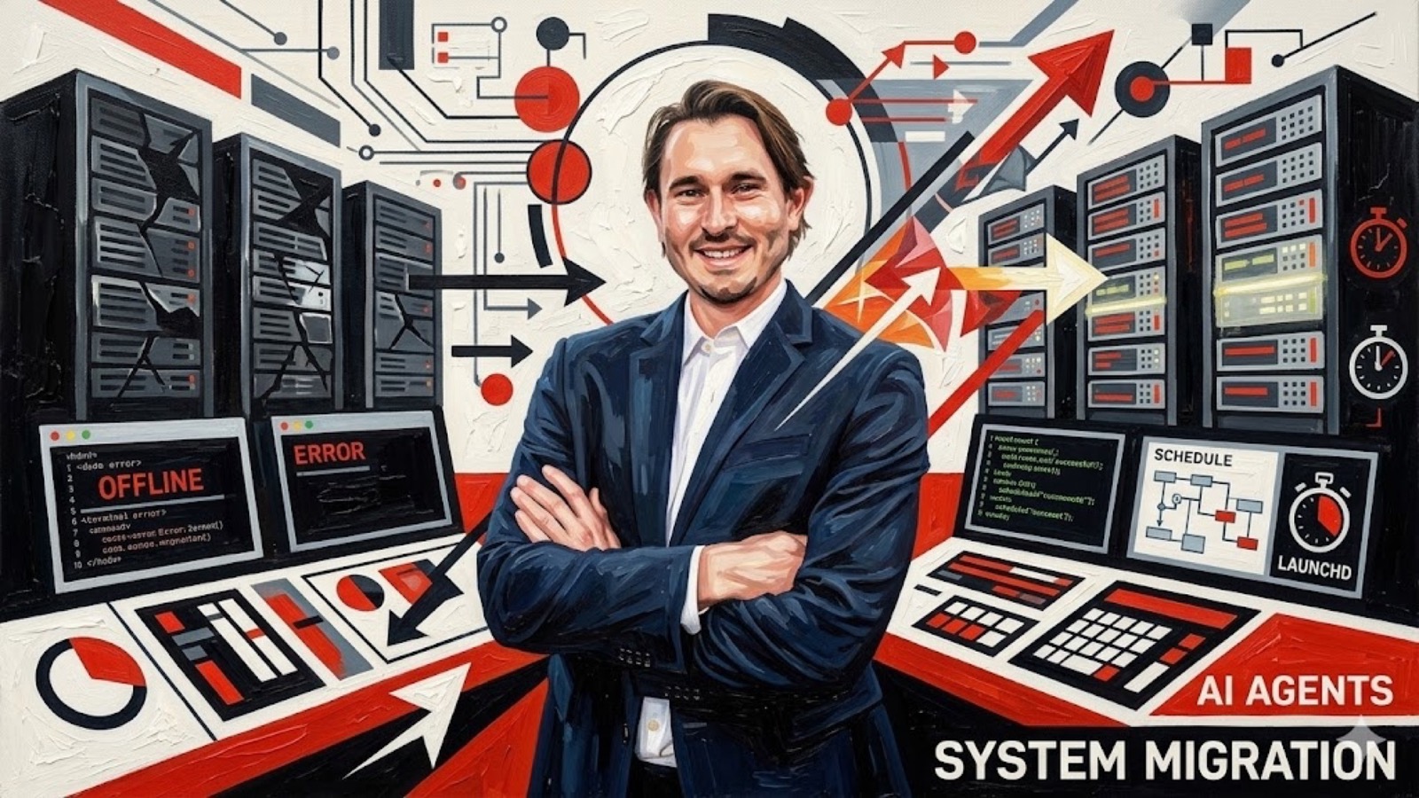 Constructivist oil painting showing a figure at a control panel orchestrating an AI agent infrastructure migration from broken to operational systems
