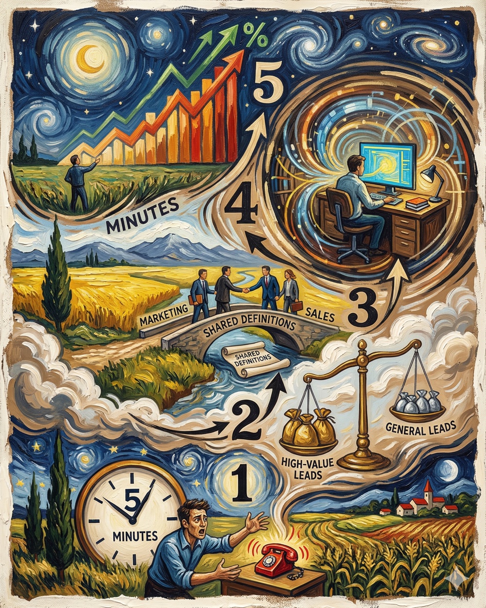 Illustrating five strategies to improve sales conversion rates with bold van Gogh style