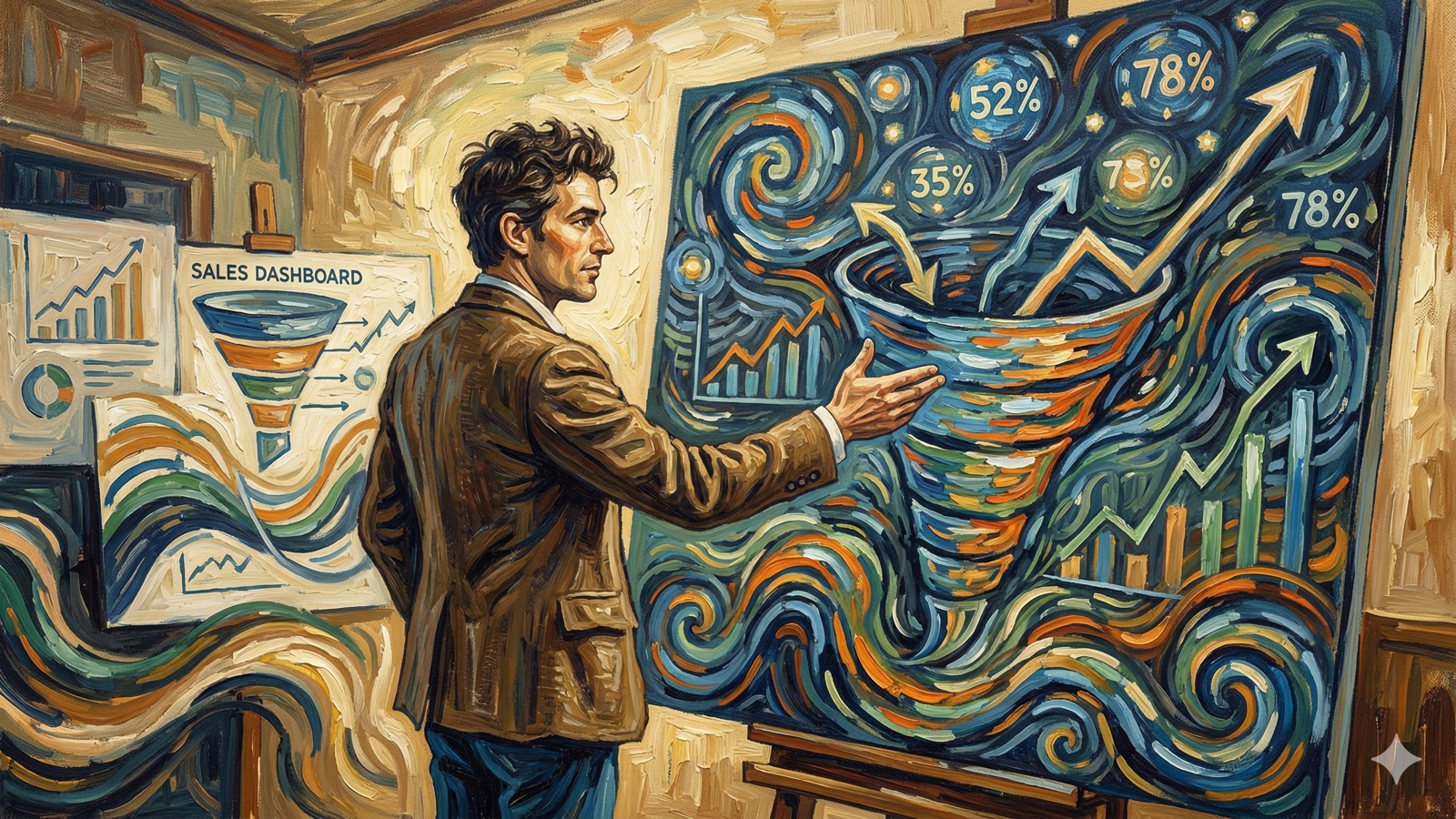 Oil painting in Post-Impressionist style showing a marketing professional analyzing sales conversion rate data with bold swirling charts and percentage visualizations