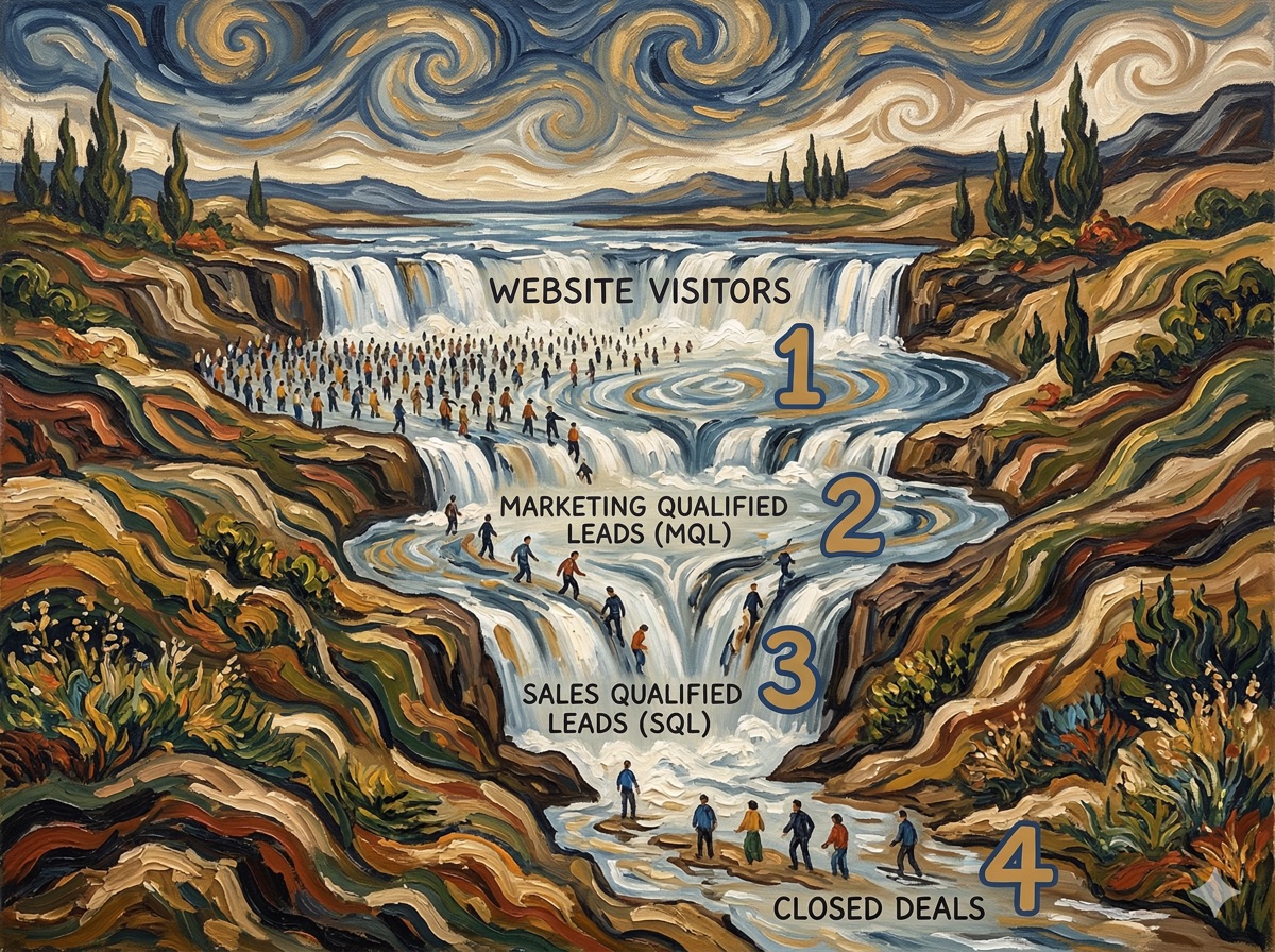 The B2B sales funnel stages from website visitor through closed deal with swirling brushstrokes