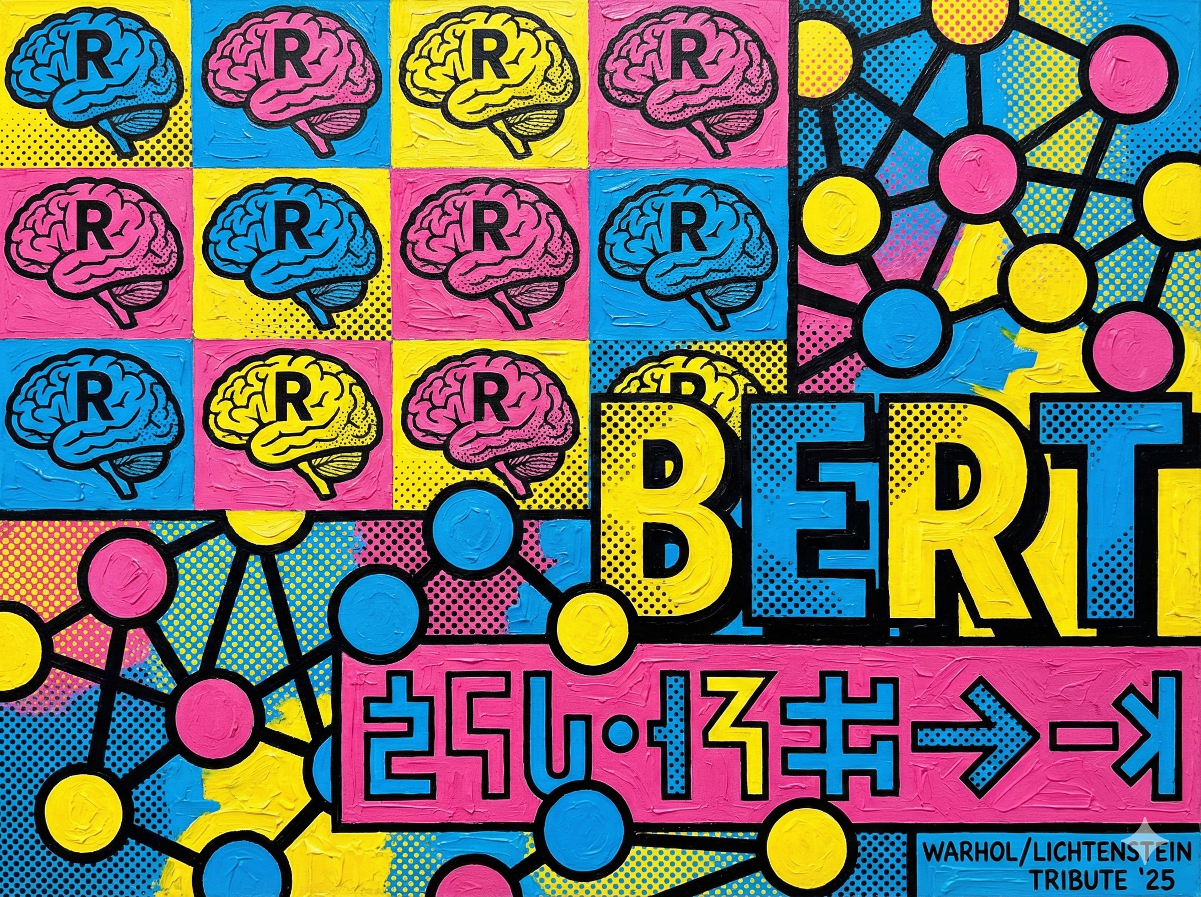 Google machine learning algorithms RankBrain BERT and MUM visualized in Pop Art style with bold colors and repeated patterns