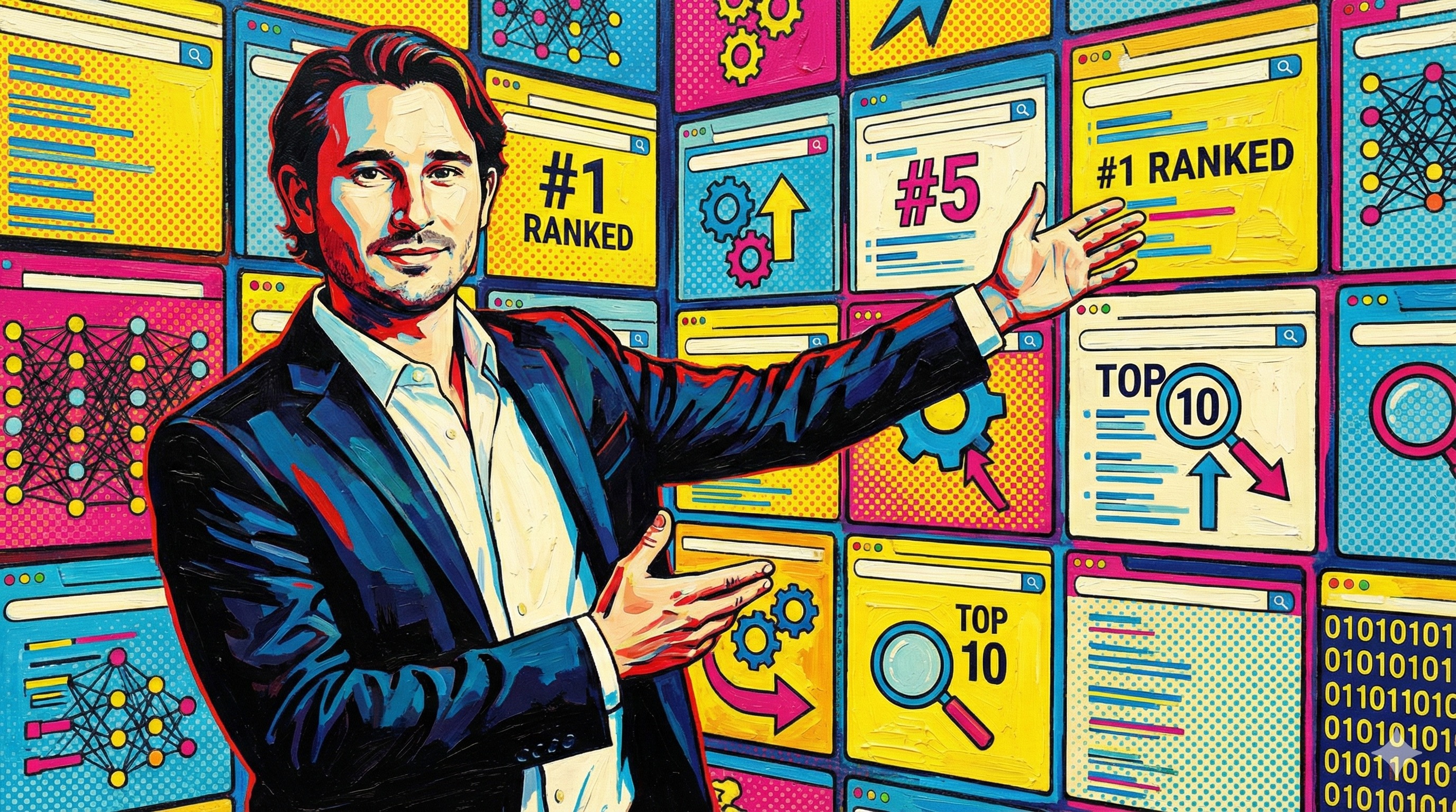 Marketing professional exploring machine learning search optimization in Andy Warhol Pop Art style with bold colors and repeated screen imagery