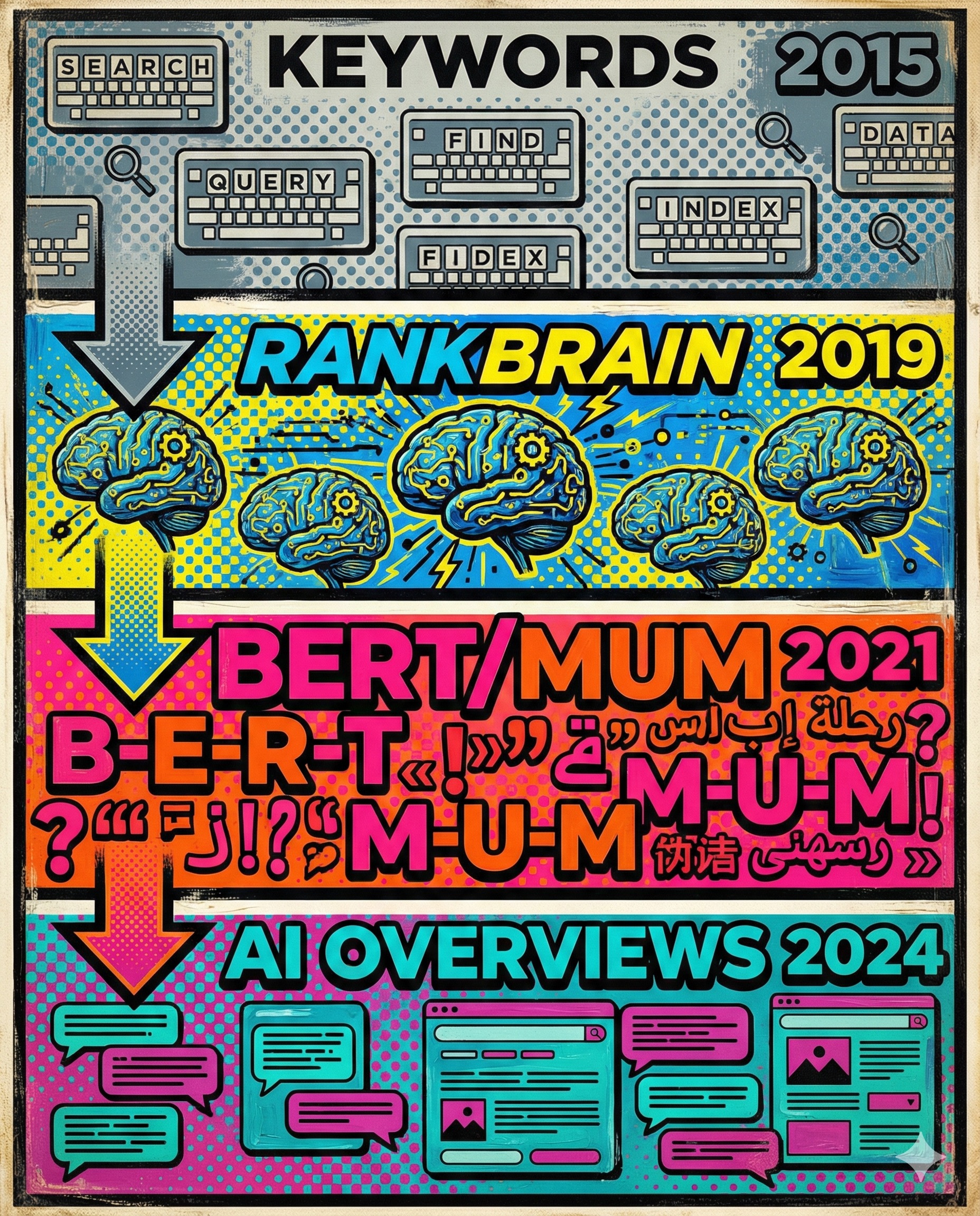 Machine learning SEO evolution from keywords through RankBrain BERT MUM to AI Overviews shown as Pop Art progression