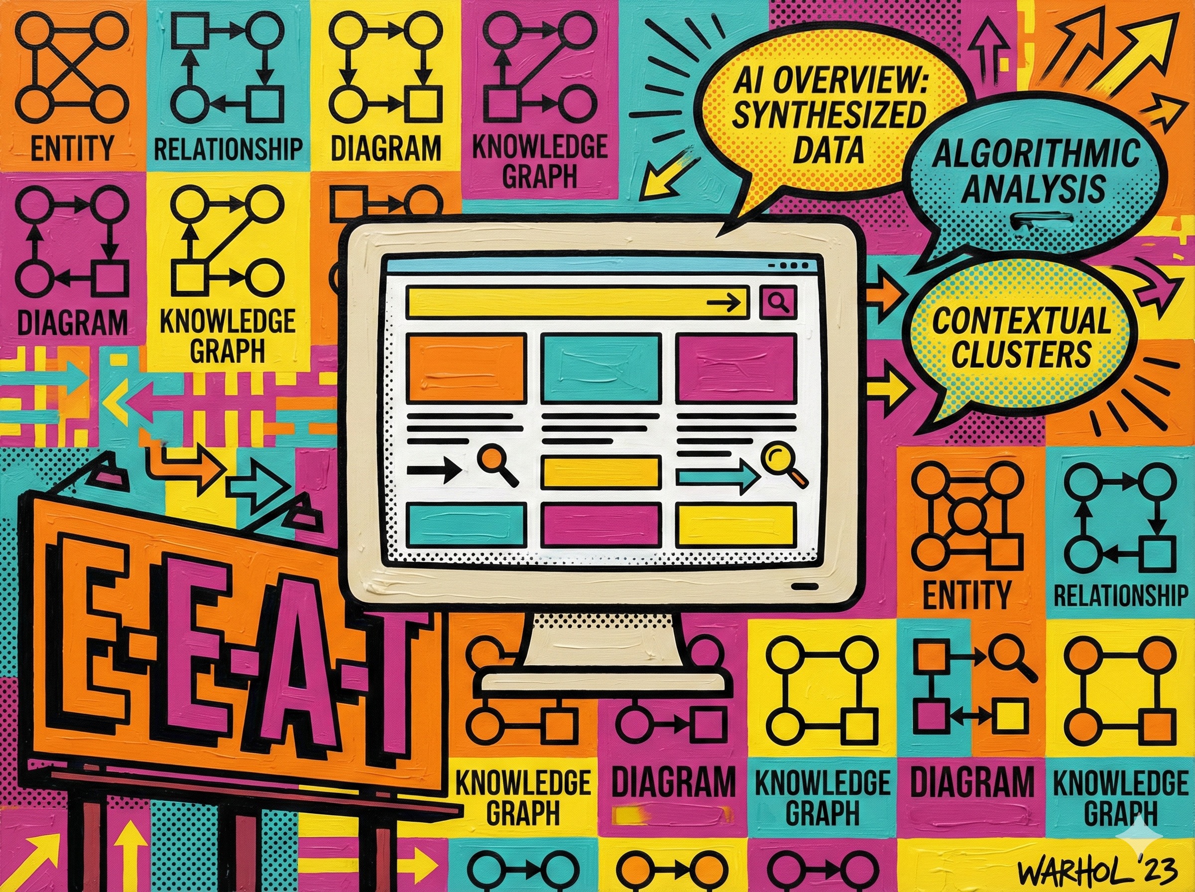 Machine learning SEO strategy elements including entity optimization and AI Overviews in bold Pop Art style