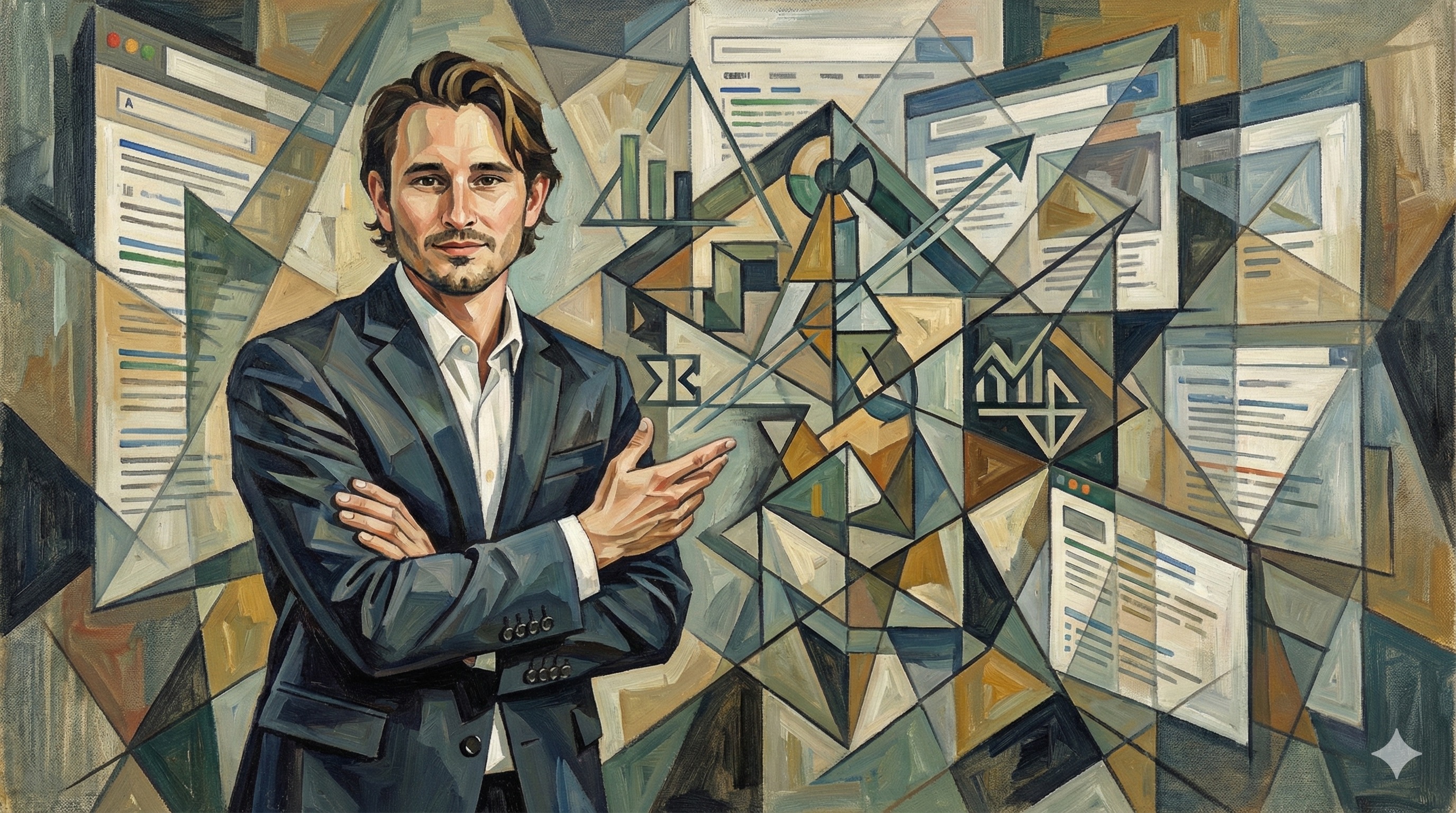 Matt Kundo gesturing toward interconnected geometric shapes representing SEO algorithm ranking factors, rendered in Pablo Picasso's Cubism style with fragmented planes and angular compositions in muted earth tones