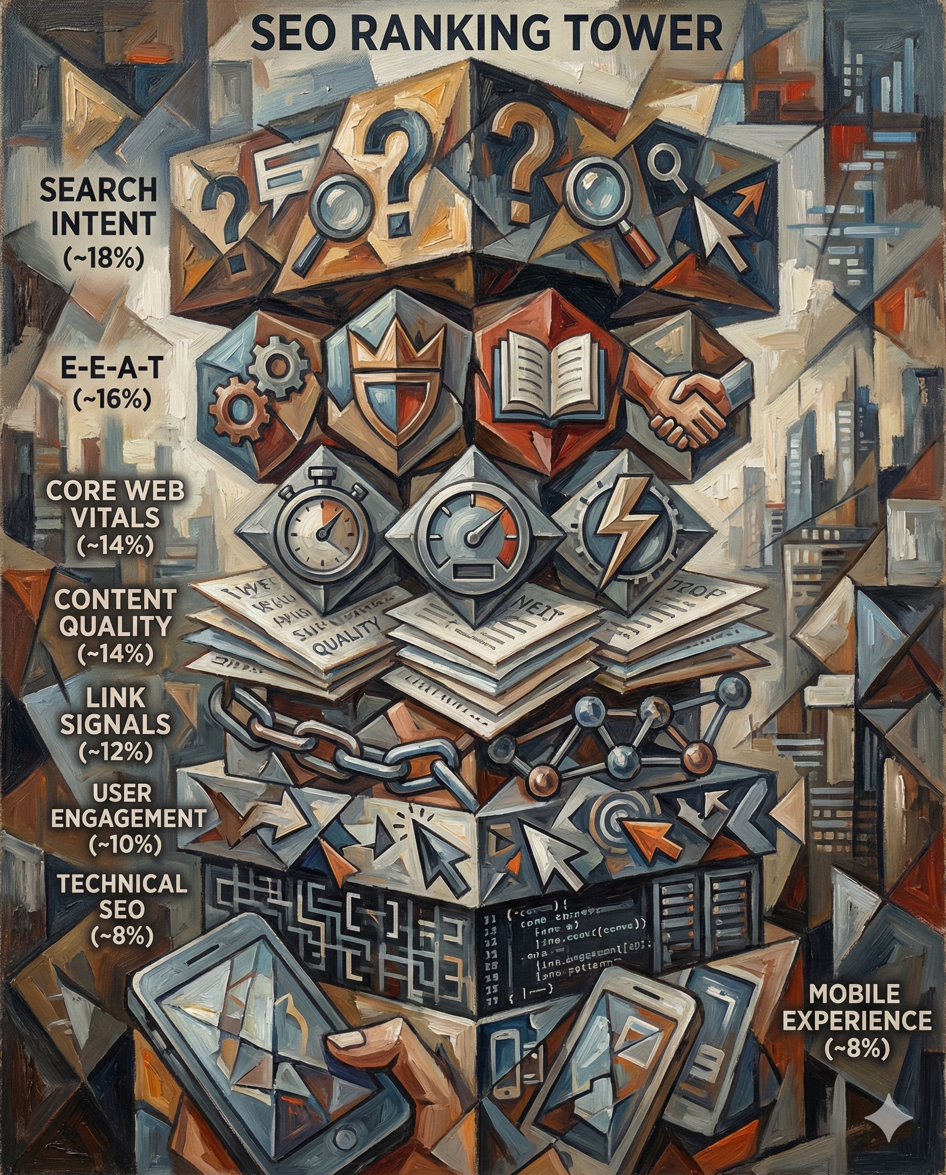 Vertical Cubist infographic showing eight SEO ranking factor categories arranged