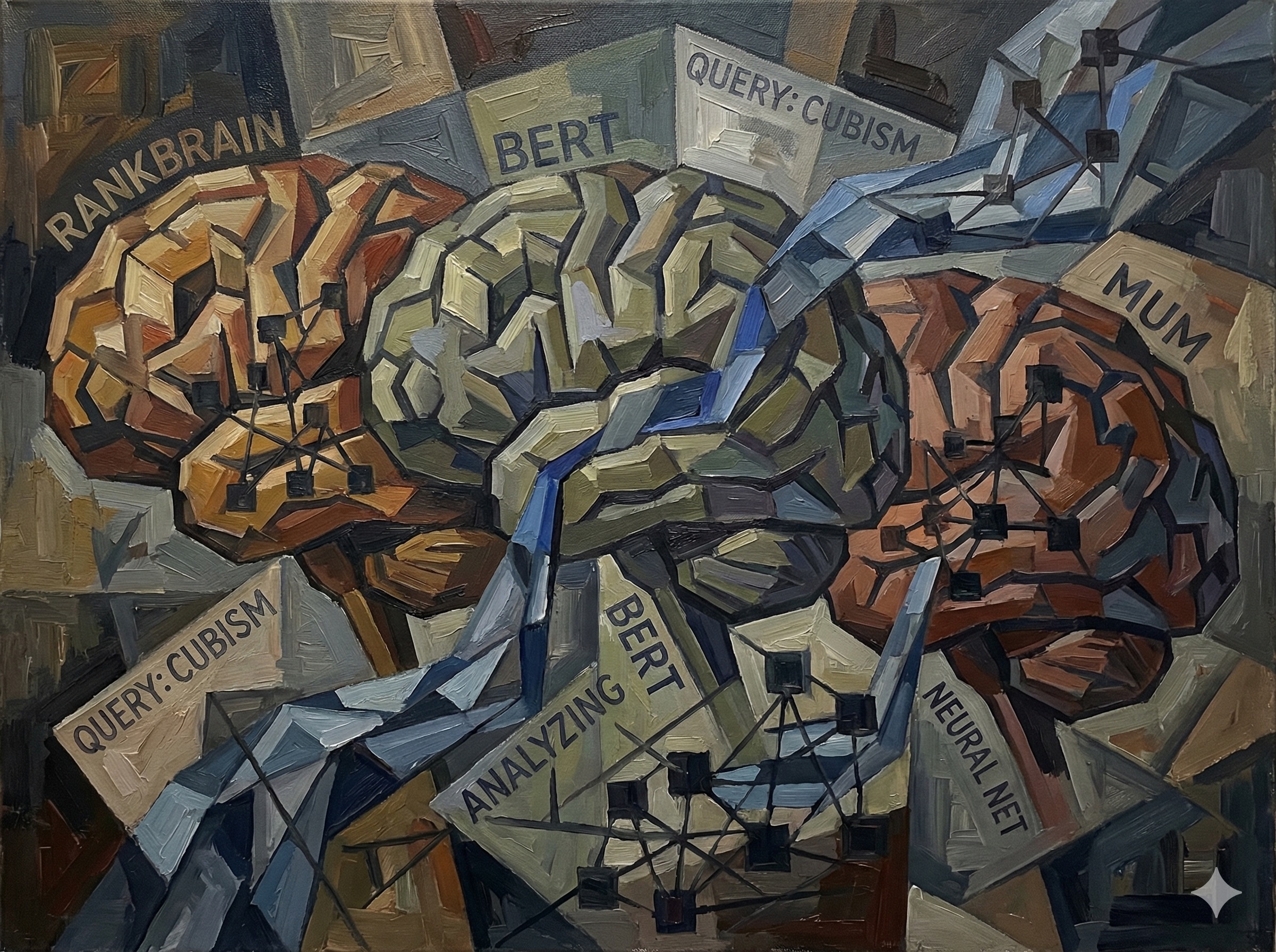 Three interconnected geometric brain structures representing Google's RankBrain, BERT, and MUM