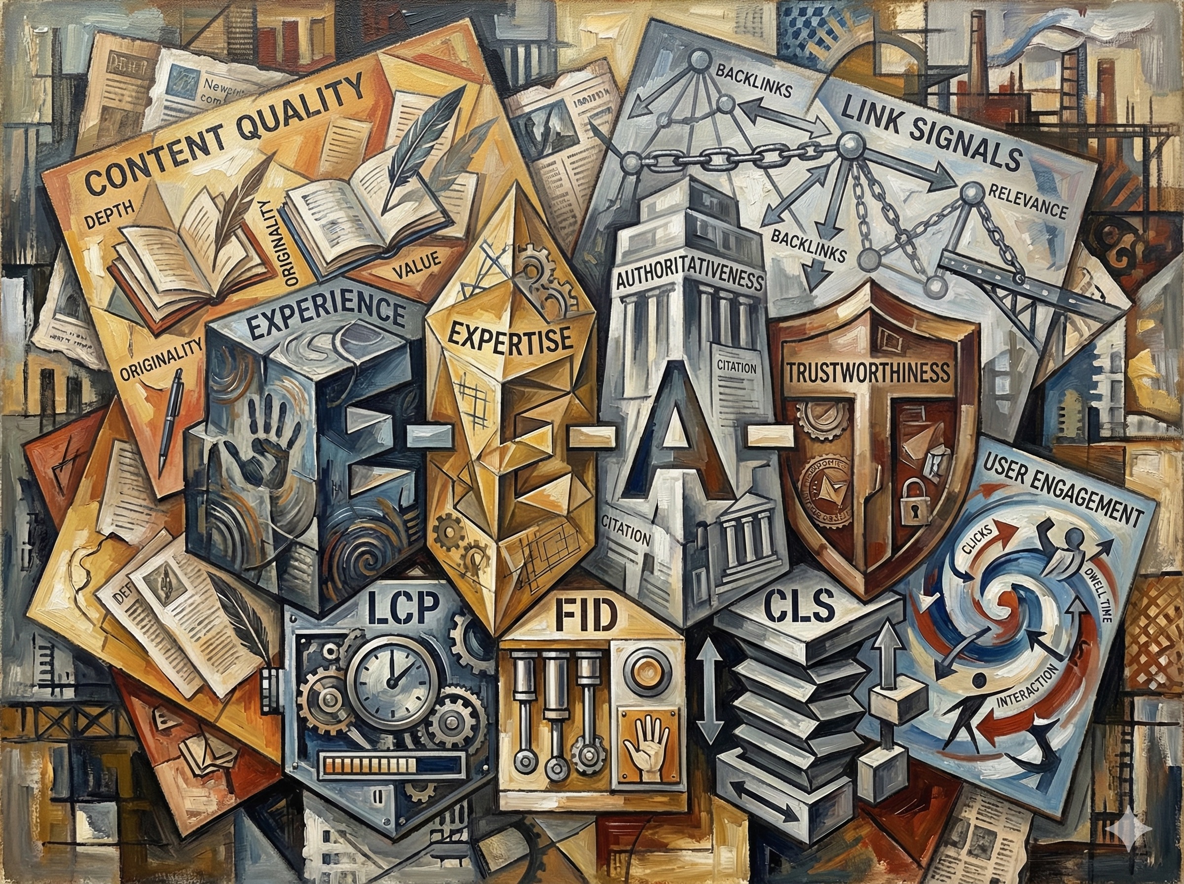 E-E-A-T factors and Core Web Vitals as geometric shapes arranged in balanced layers