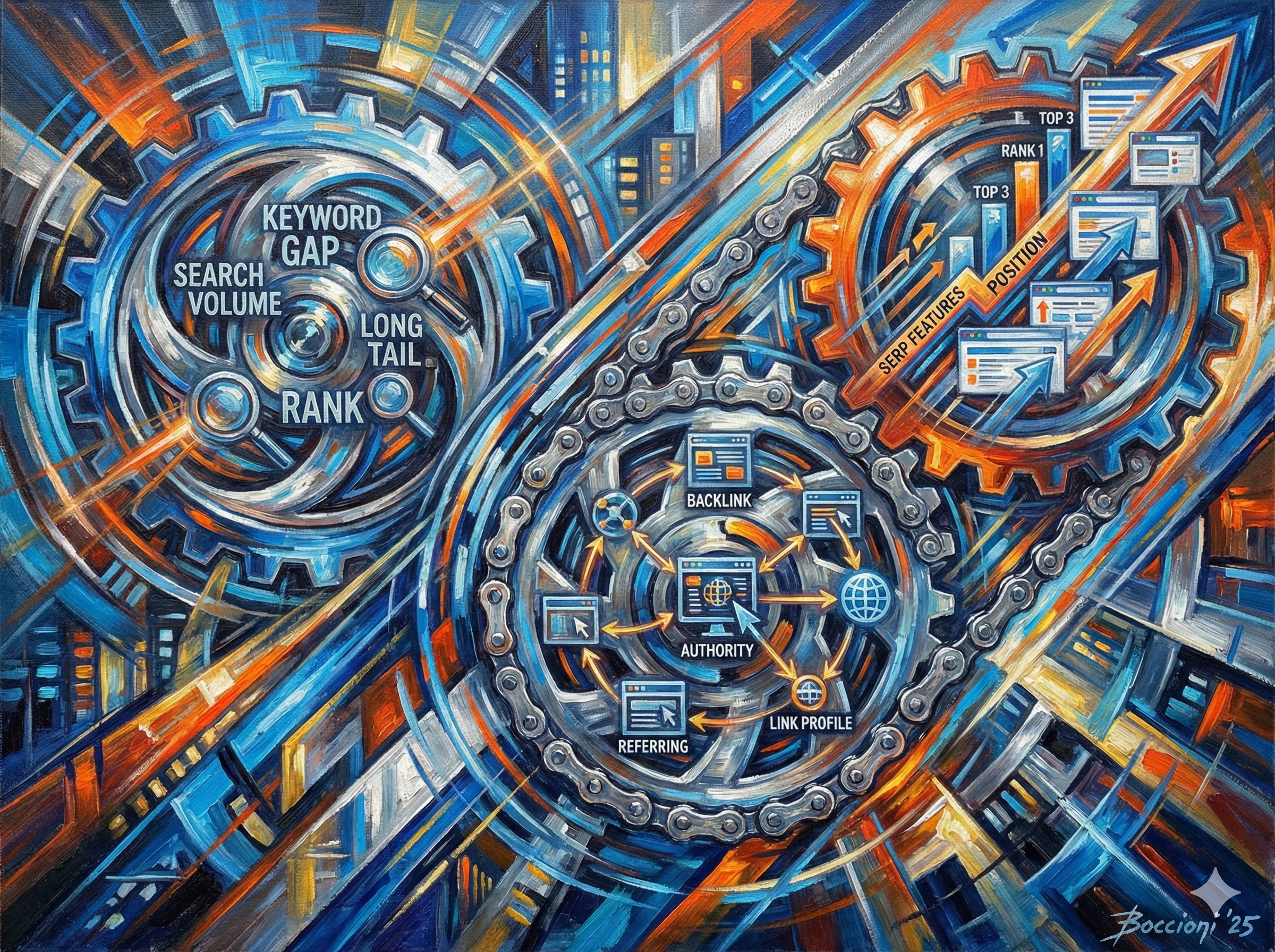 Three interconnected gears representing keyword gap analysis, backlink tracking, and SERP monitoring