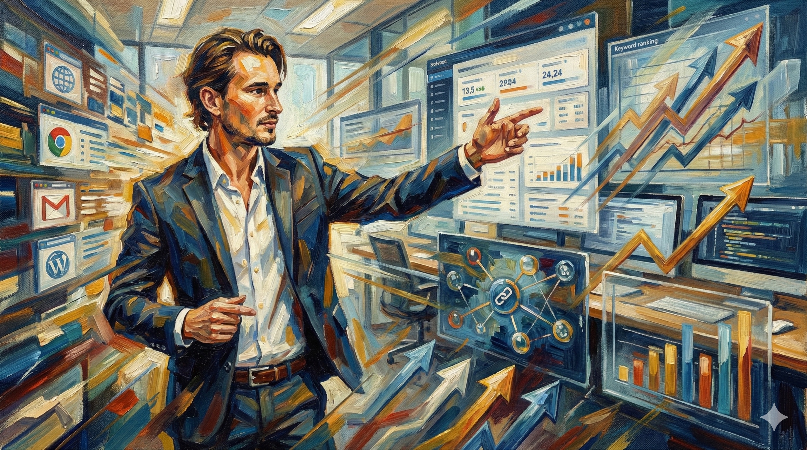 Futurism-style painting of digital marketing strategist analyzing SEO competitor data on multiple dashboards