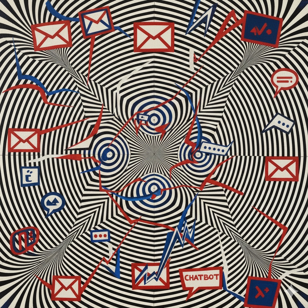 Interconnected AI marketing tools depicted as vibrating geometric nodes in Op Art style