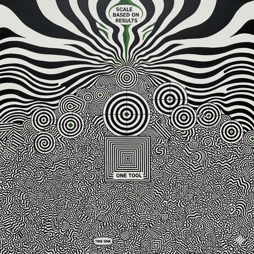 Four-step AI marketing framework shown as ascending Op Art optical illusion patterns
