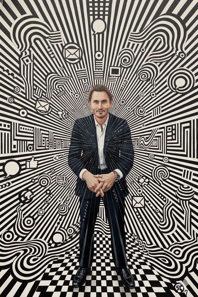 Small business owner surrounded by Op Art-style AI data patterns representing marketing transformation