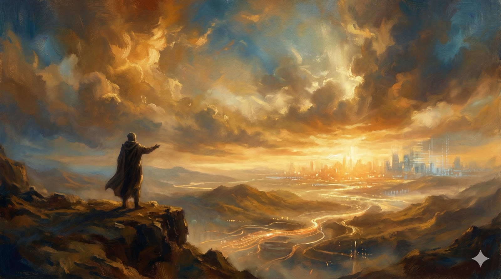 Marketing professional overlooking dramatic landscape in J.M.W. Turner Romanticism style