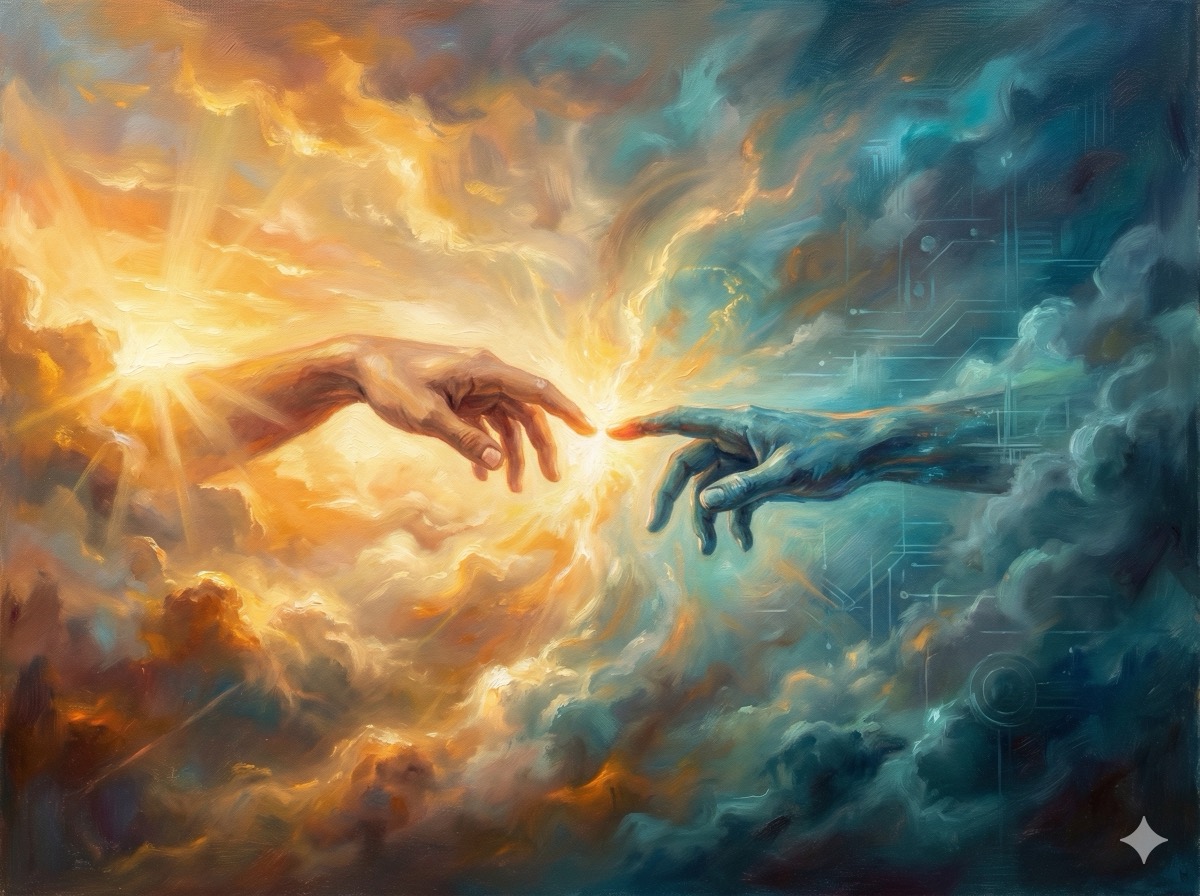 Two hands reaching toward each other across atmospheric divide
