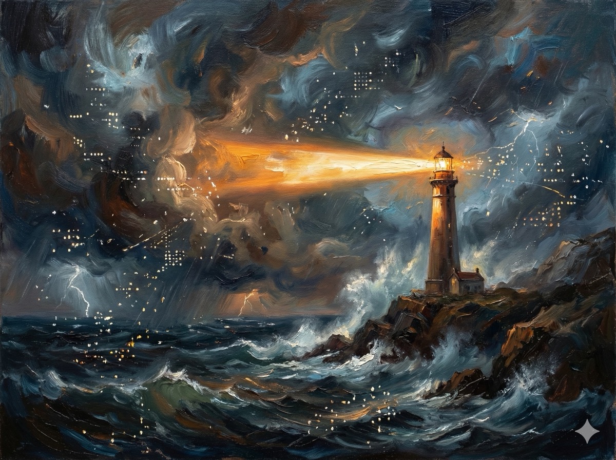 Lighthouse beam cutting through turbulent storm