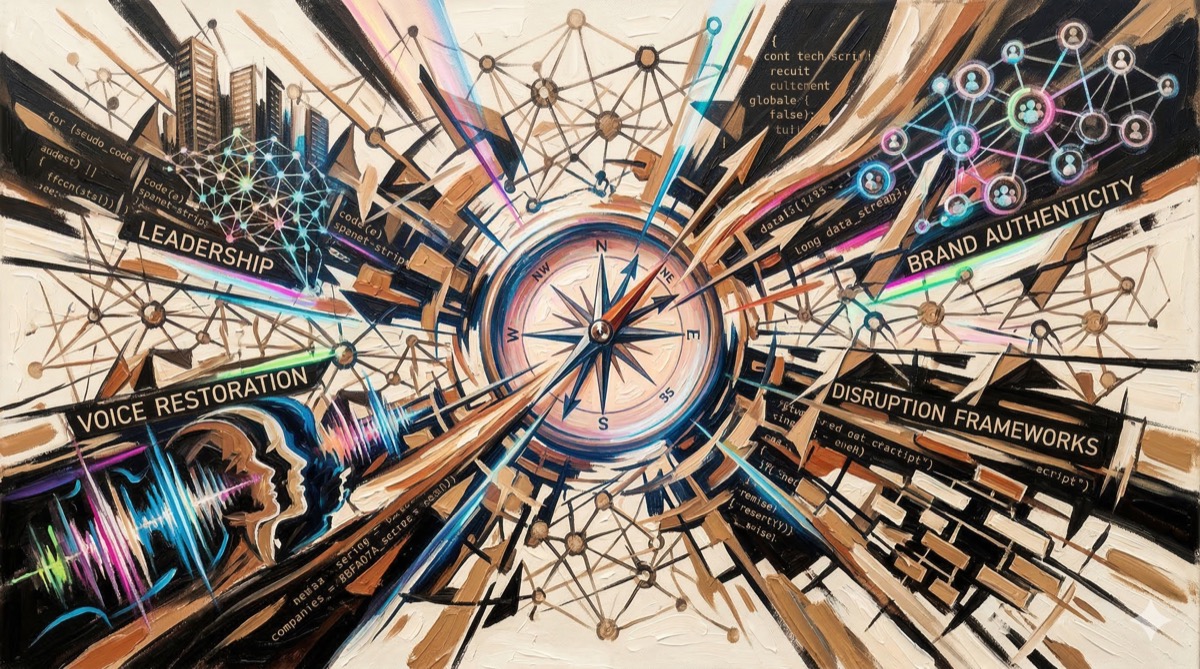 Oil painting in Futurist style depicting a conference setting with dynamic elements representing AI leadership, brand authenticity, and human connection at SXSW 2026