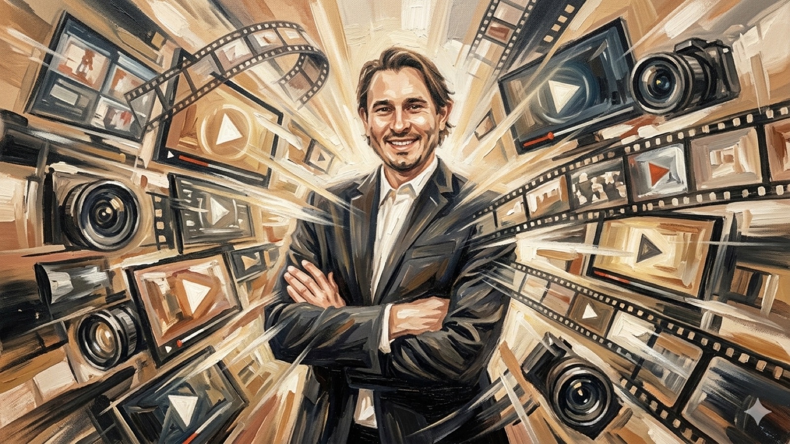 Oil painting in Futurism style depicting a figure surrounded by dynamic video ad screens and play buttons radiating outward with energetic motion, representing the transformative power of AI video ad generators in 2026